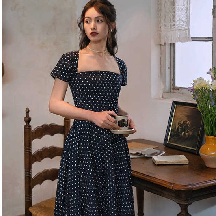 Classic French Square Neck Polka Dot Dress