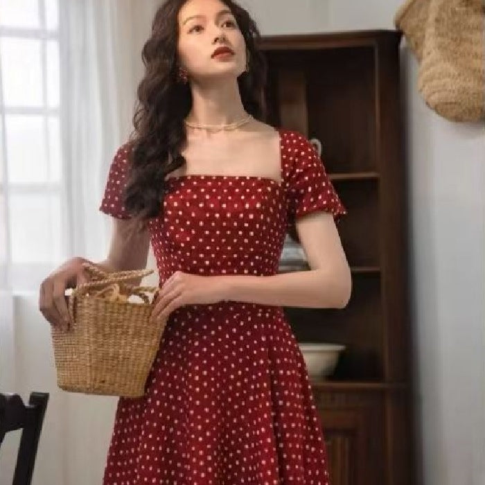 Classic French Square Neck Polka Dot Dress