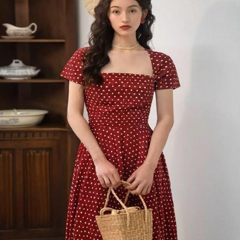 Classic French Square Neck Polka Dot Dress