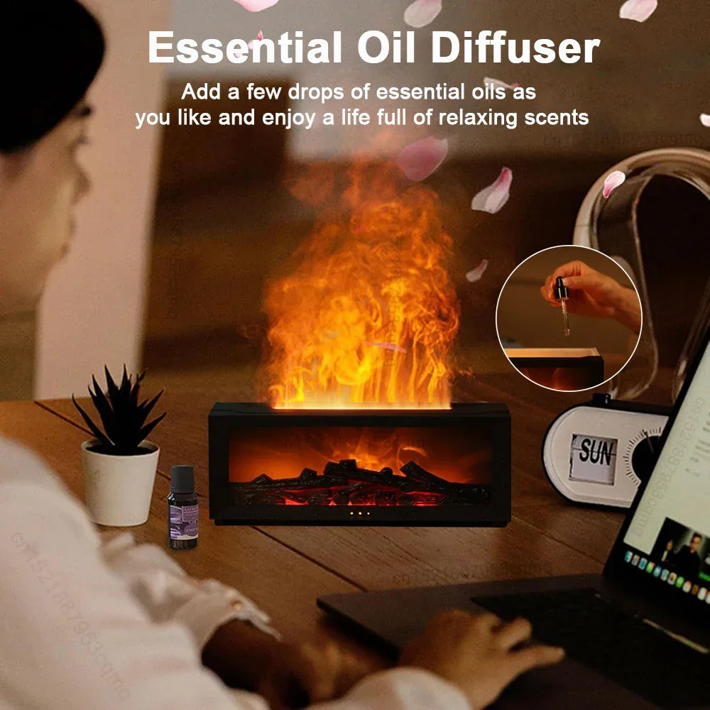 Essential oil diffuser with flame effect for relaxing scents in home office setup