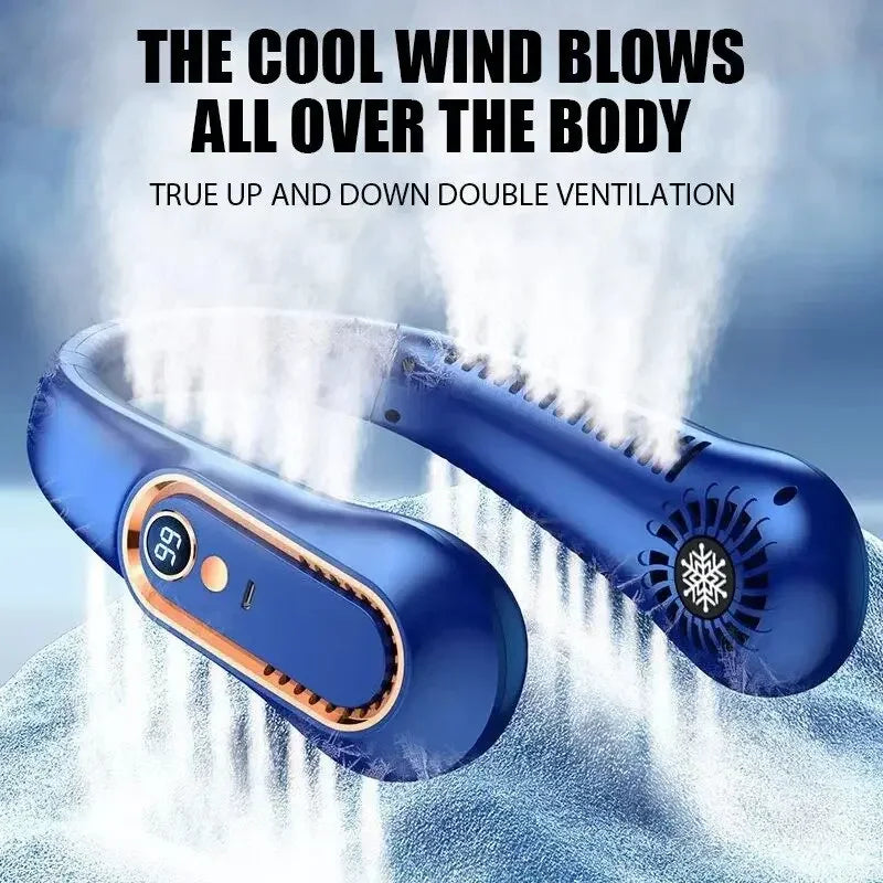 Blue portable neck fan with double ventilation, cooling mist, and digital display for personal comfort.