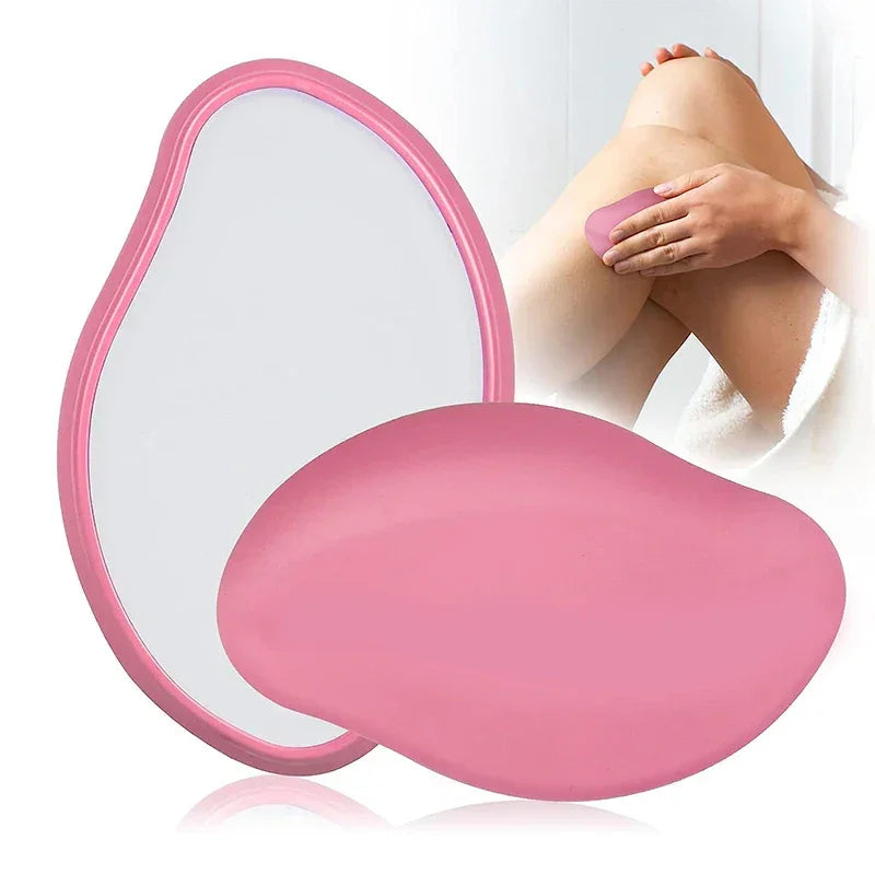 Pink silicone body scrubber for gentle exfoliation, shown with mirror and in use on legs