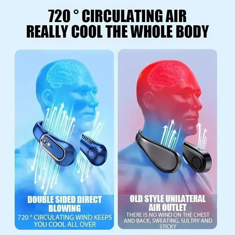 720° circulating air neck fan with double-sided cooling vs old unilateral design for full-body comfort