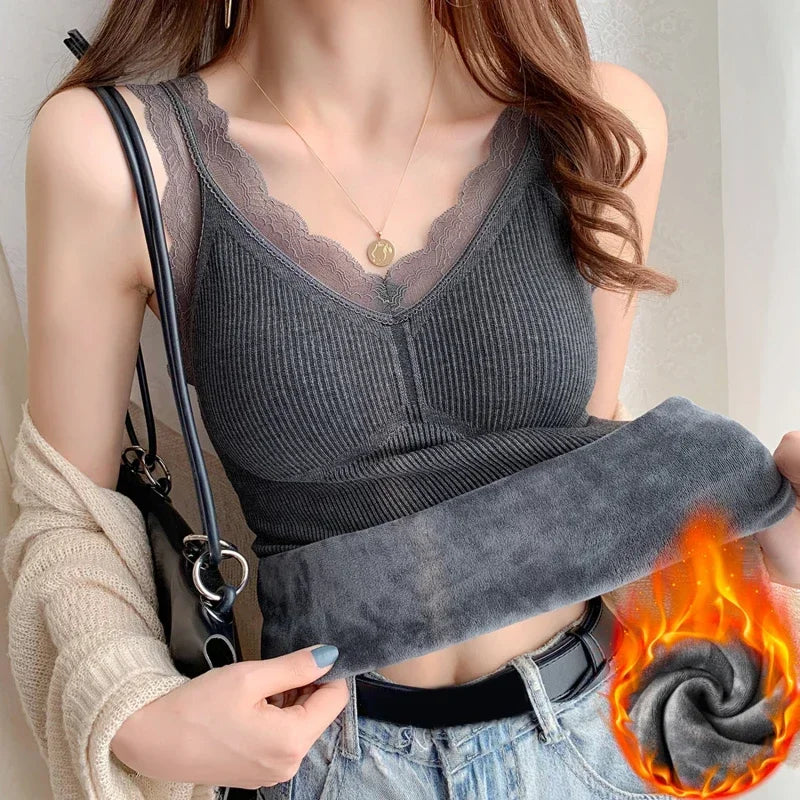 Sexy Lace Thermal Cami - Thick Velvet-Lined Slimming Undershirt