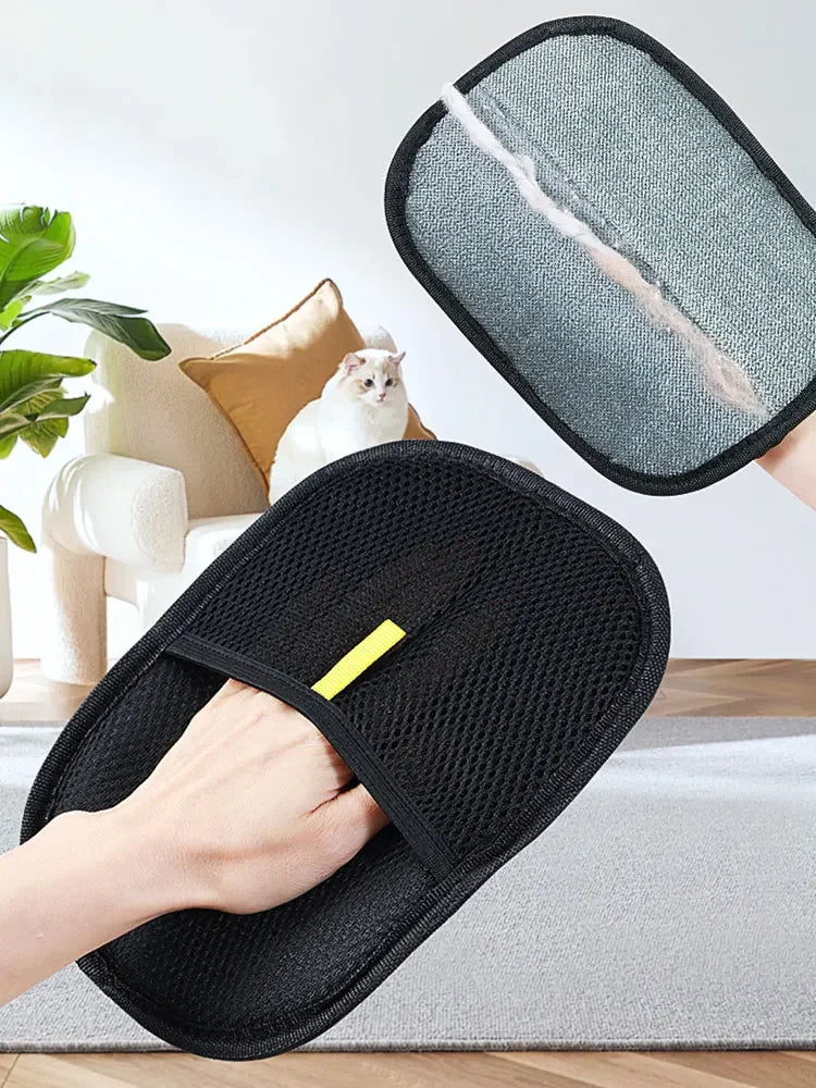 Pet grooming glove with silicone nodules for cat hair removal, gentle deshedding tool in use