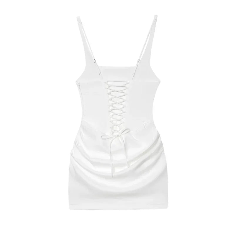 White lace-up corset mini dress with ruched detailing and thin straps