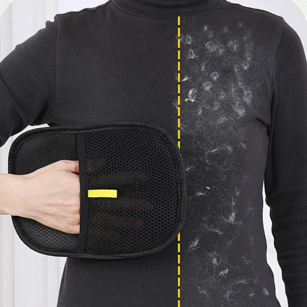 Black mesh lint remover cleaning fuzzy fabric with yellow accent