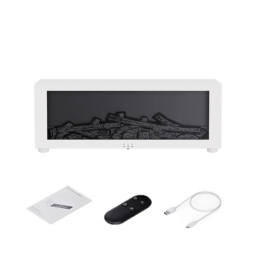 Modern white electric fireplace with logs, remote, USB cable, and manual