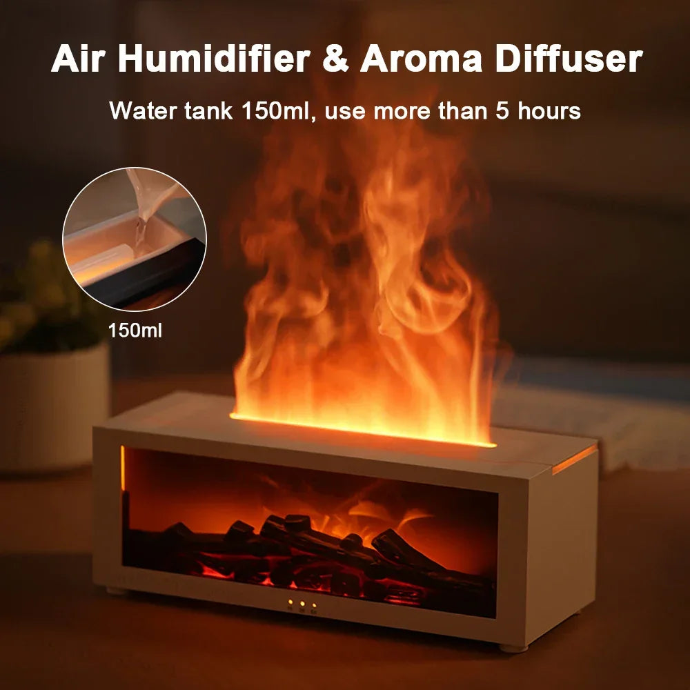 Electric fireplace humidifier with 150ml aroma diffuser, flame effect, and warm glow for cozy ambiance