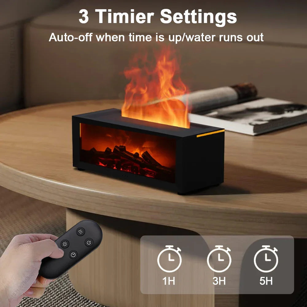 Electric fireplace with 3 timer settings, remote control, and auto-off feature on wooden table