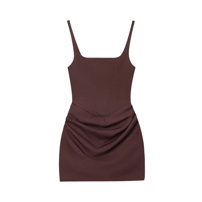 Brown ruched mini dress with thin straps and square neckline, stylish women's fashion