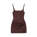 Brown ruched mini dress with thin straps and square neckline, stylish women's fashion
