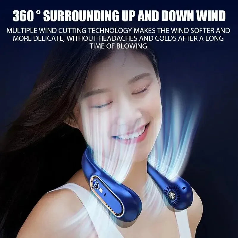 360° surrounding neck fan with soft airflow, portable cooling for comfort without headaches or chills