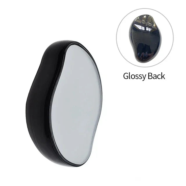 Compact oval mirror with glossy black back, sleek design for portable use
