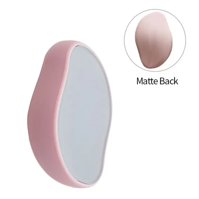 Pink handheld mirror with matte back, sleek design for beauty routines