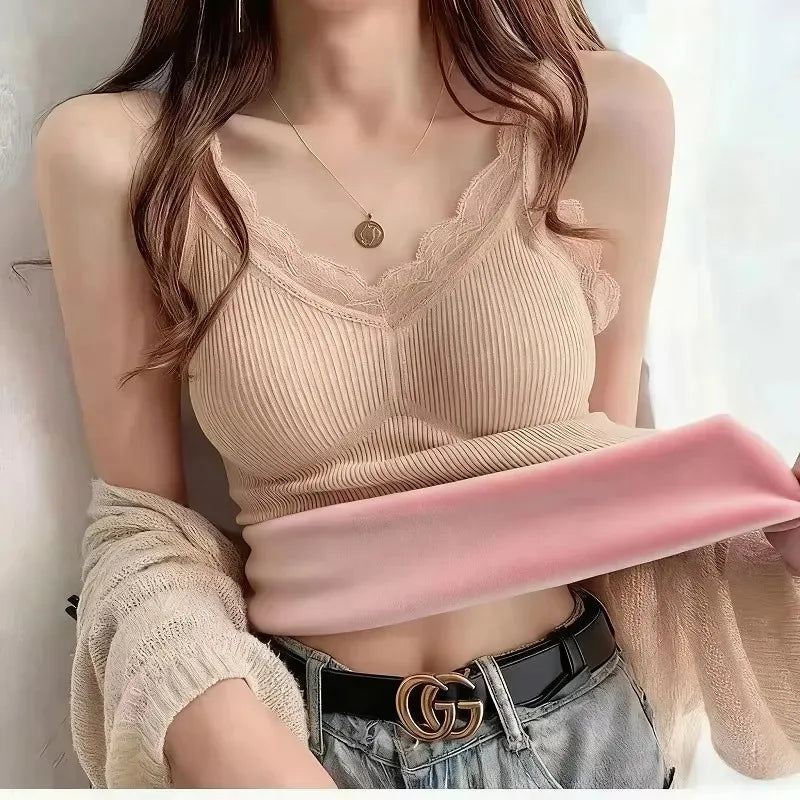 Sexy Lace Thermal Cami - Thick Velvet-Lined Slimming Undershirt