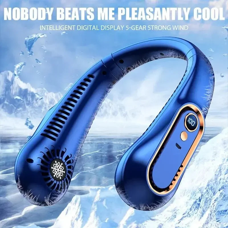 Blue portable neck fan with digital display and 5-speed cooling in icy setting