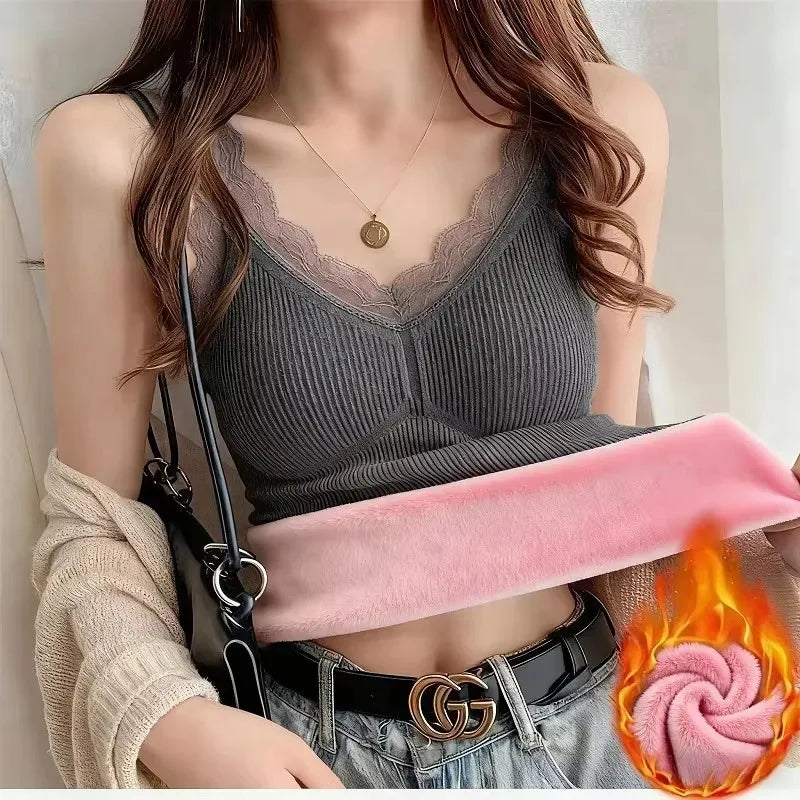 Sexy Lace Thermal Cami - Thick Velvet-Lined Slimming Undershirt