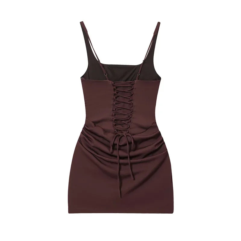 Brown lace-up mini dress with ruched detailing and thin straps