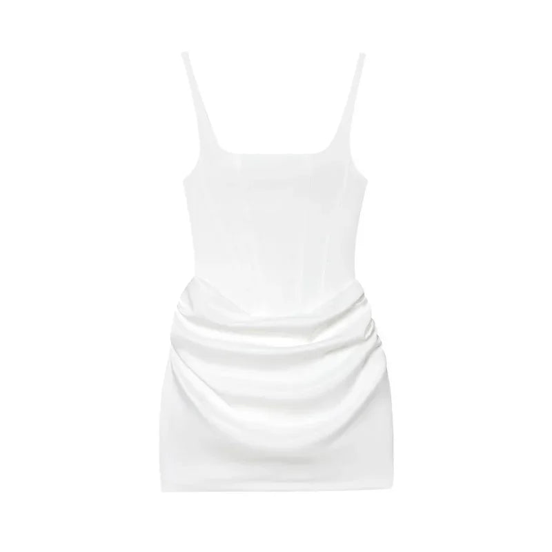 White ruched mini dress with thin straps, sleek satin finish, back view