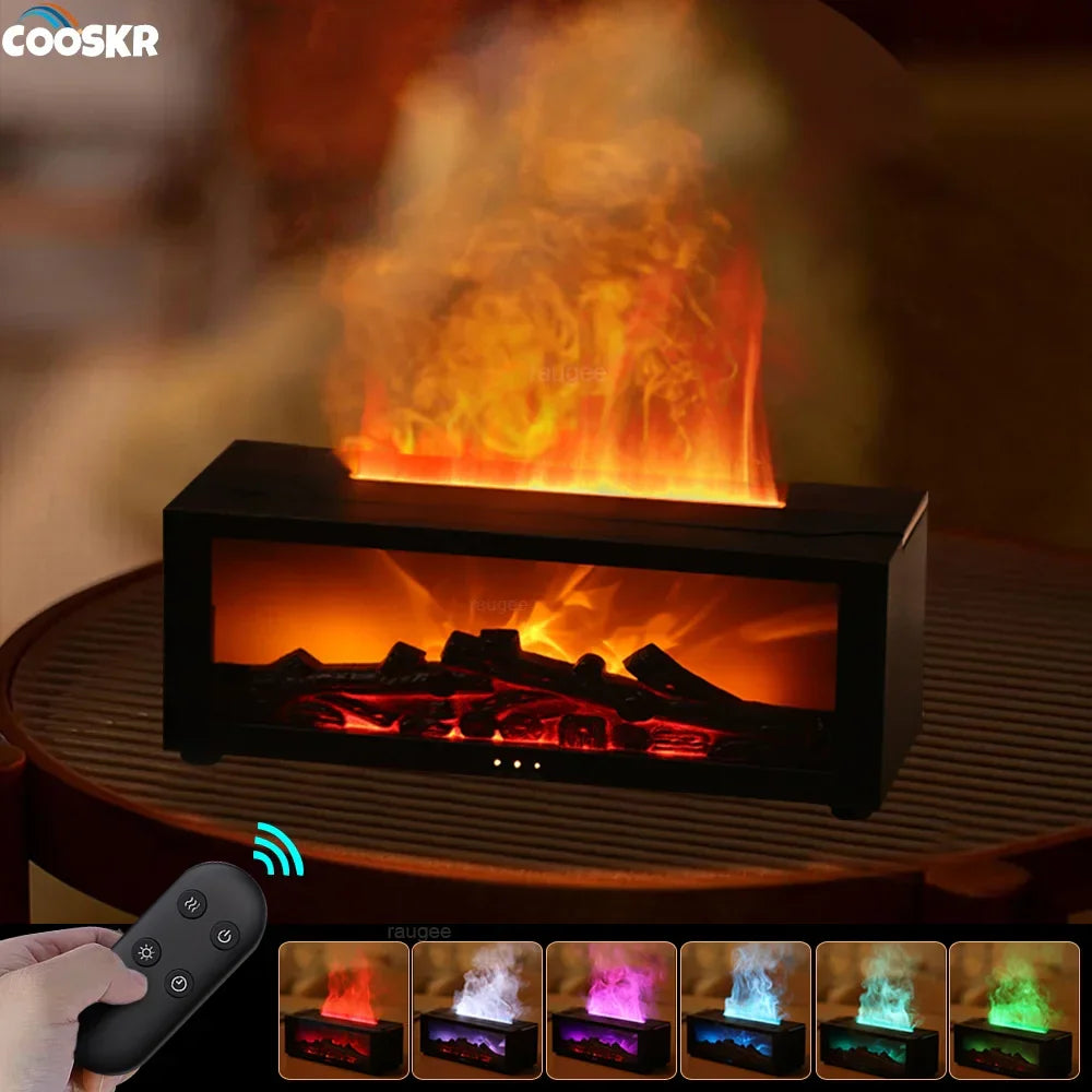 Electric fireplace with remote control, colorful flame effects, cozy indoor ambiance