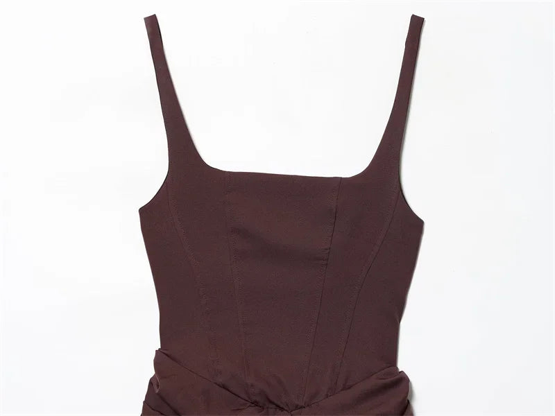 Dark brown sleeveless dress with square neckline and fitted waist, ideal for casual or semi-formal wear