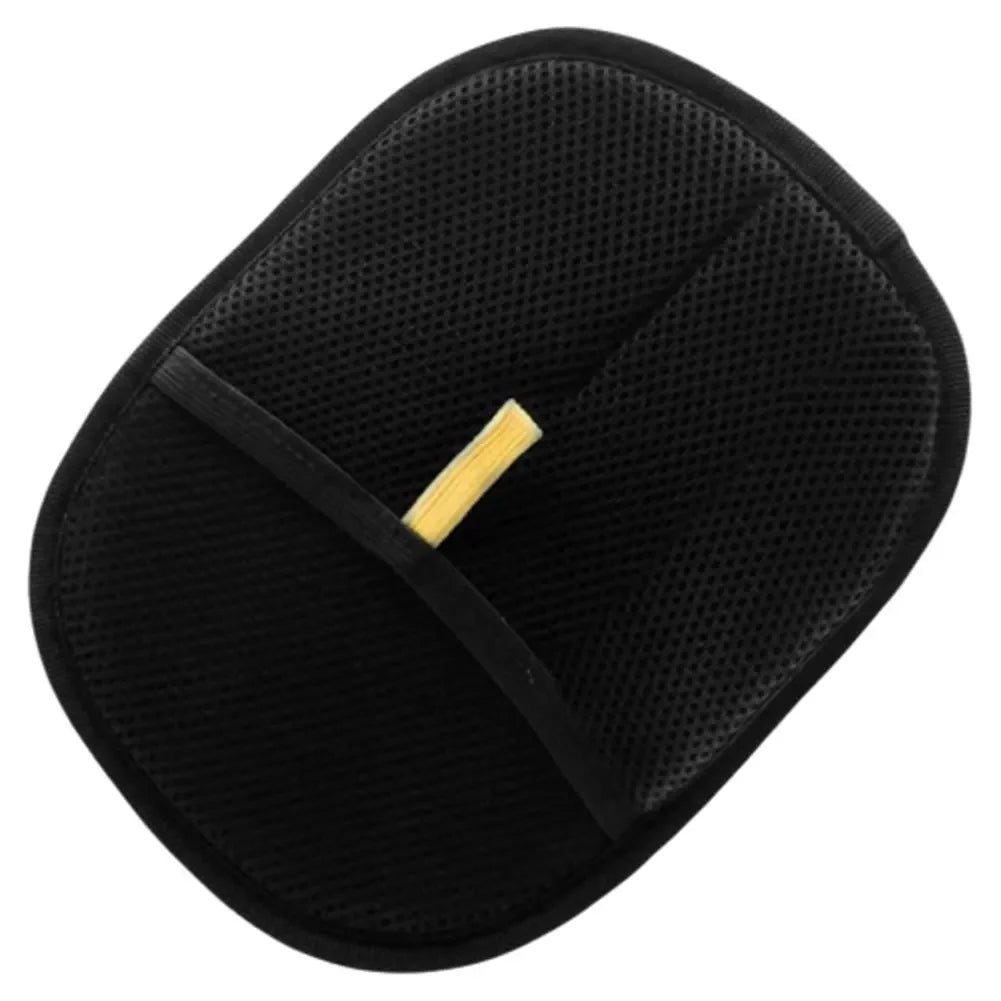 Black mesh cleaning pad with yellow scrubber strip for household use