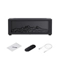 Modern electric fireplace with log display, remote control, USB cable, and manual for cozy indoor ambiance