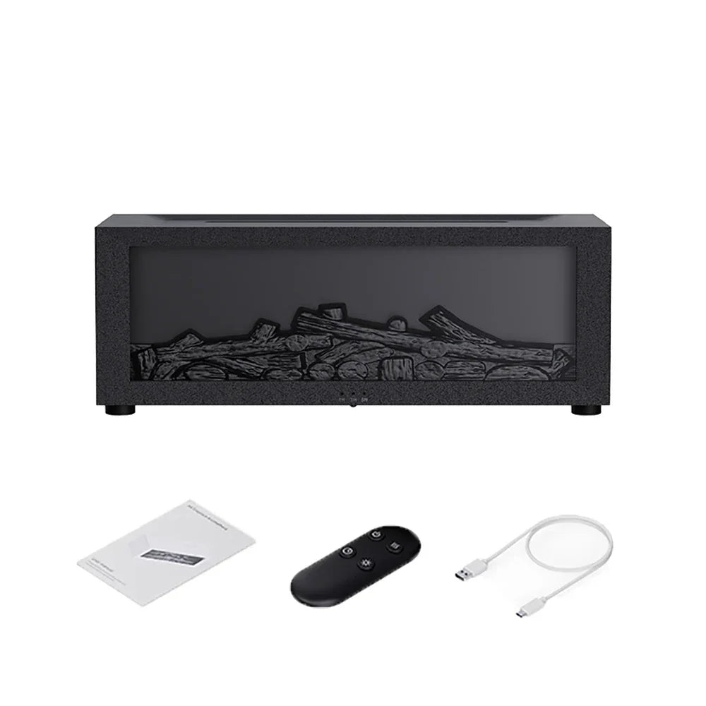 Modern electric fireplace with log display, remote control, USB cable, and manual for cozy indoor ambiance