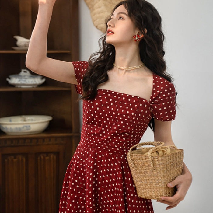 Classic French Square Neck Polka Dot Dress