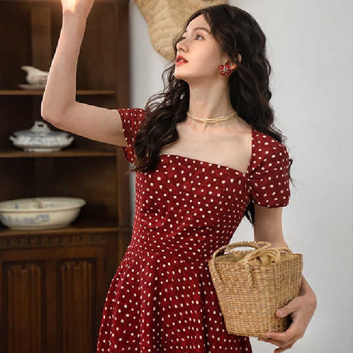 Classic French Square Neck Polka Dot Dress
