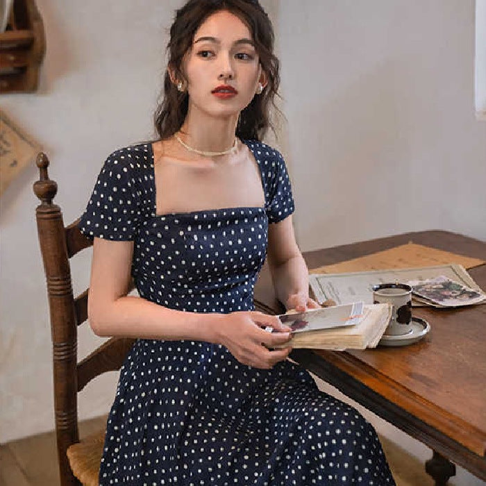 Classic French Square Neck Polka Dot Dress